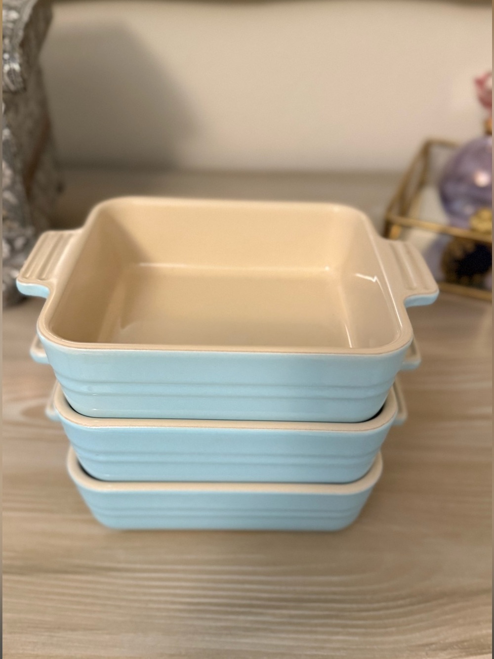 Le Creuset Sky Blue Stackable 8 inch Baking Dishes with Handles - Set of 3